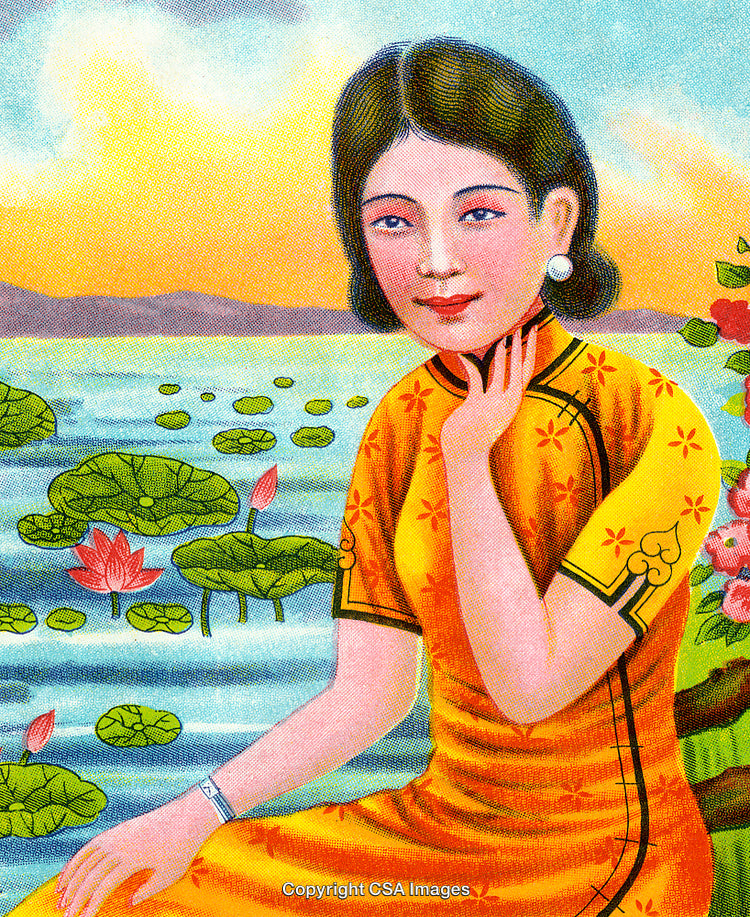 Elegant Woman in Traditional Dress by a Scenic Lotus Pond at Sunset