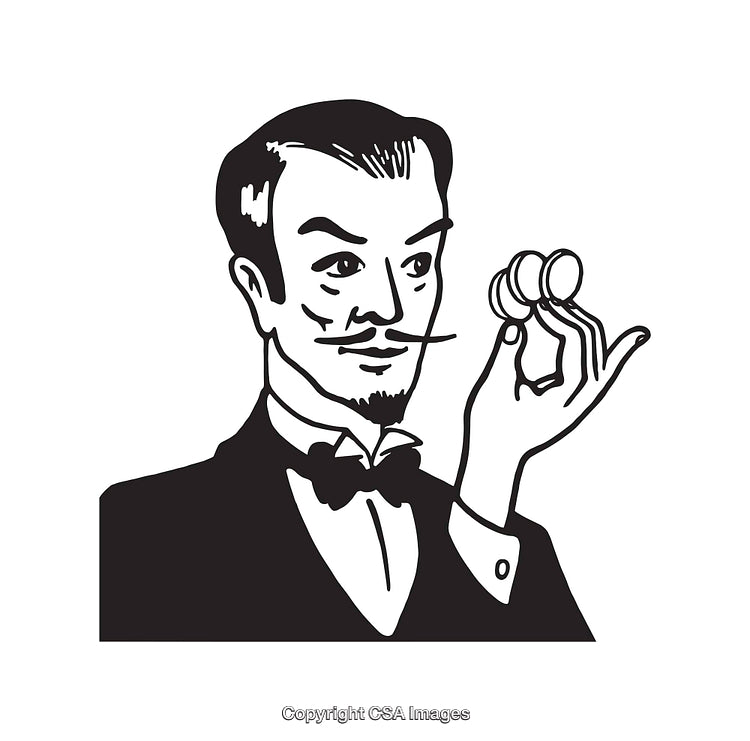 Black and White Illustration of a Gentleman Holding Coins