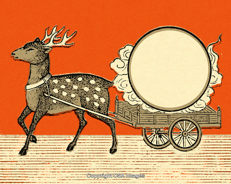 Vintage Deer Illustration Pulling a Wagon in a Whimsical and Artistic Style