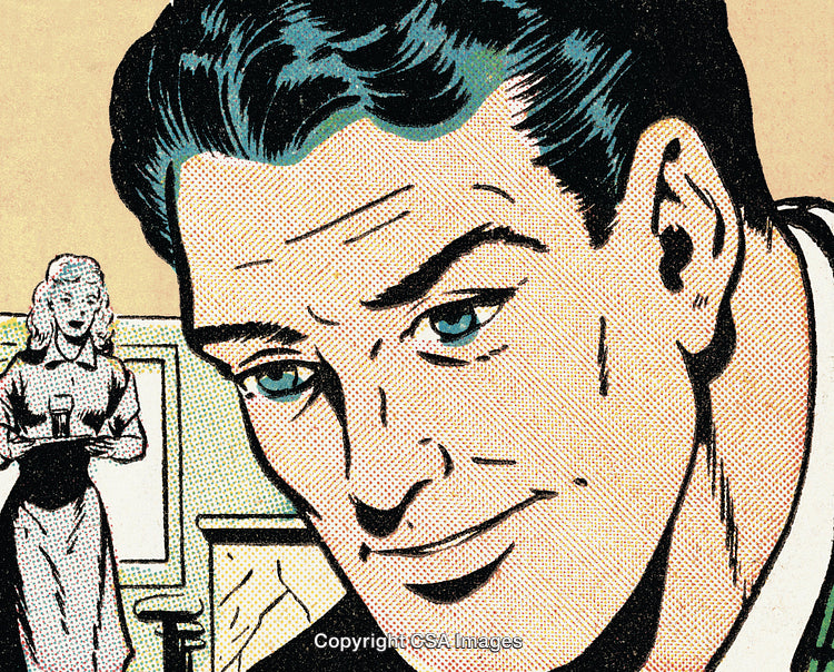 Pop Art Comic Illustration of a Thoughtful Man and a Woman Indoors