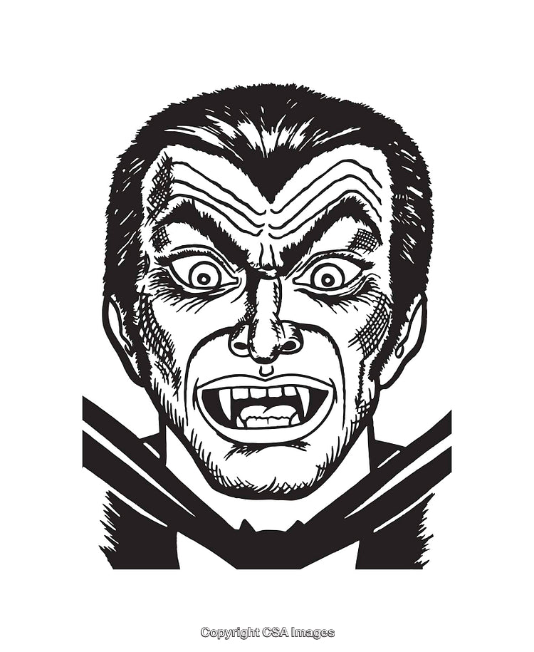 Black and White Line Art Illustration of a Vampire Face with Fangs