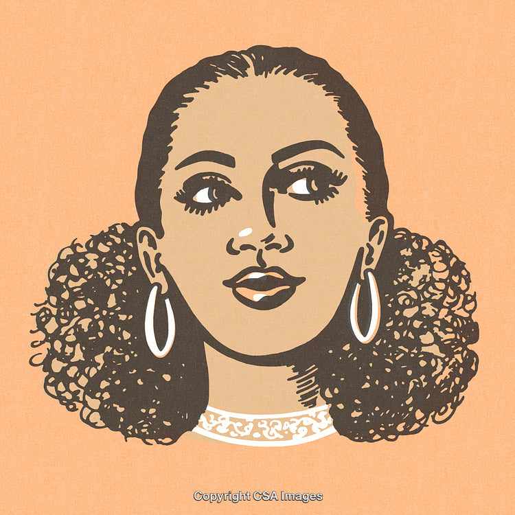 Stylized Illustration of a Woman with Curly Hair and Hoop Earrings on Orange Background