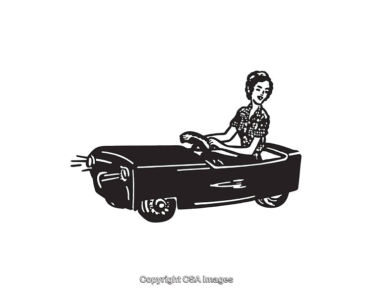 Retro Line Art Illustration of a Woman Driving a Vintage Car