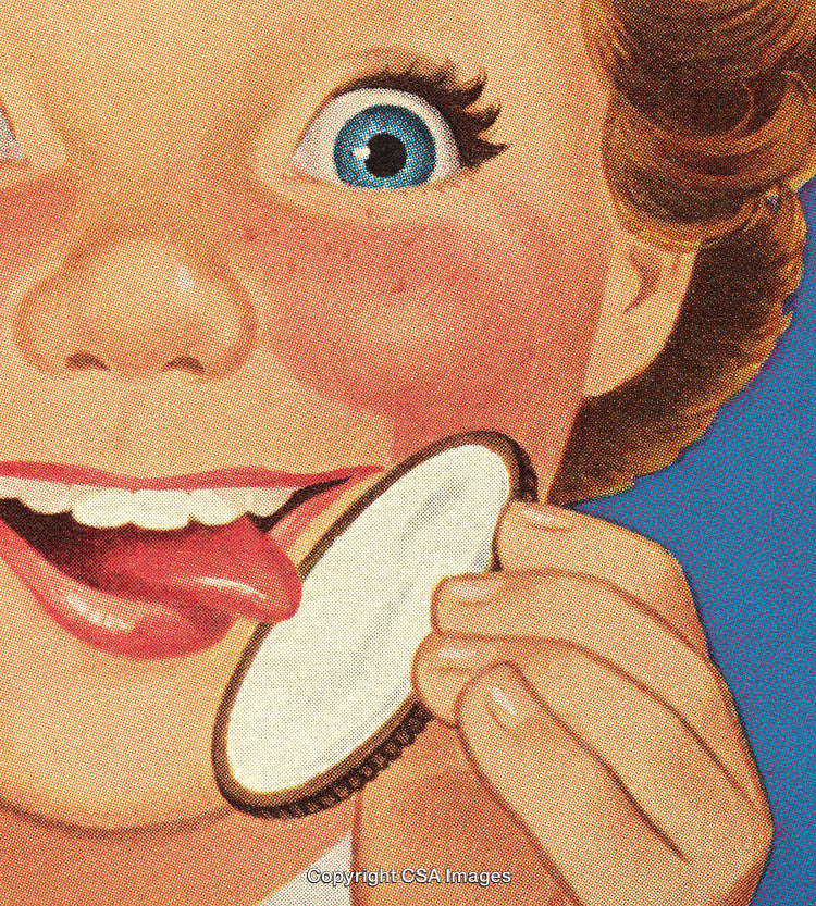 Close-Up of Retro Art Showing Girl with a Cookie and Joyful Expression