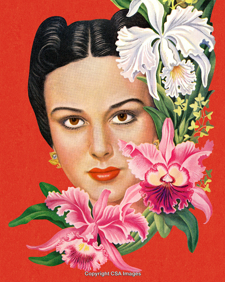 Vintage Illustration of Woman's Face Surrounded by Pink and White Orchids