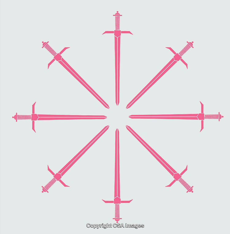 Pink Line Art Swords Arranged in Radiating Circular Pattern on Light Background