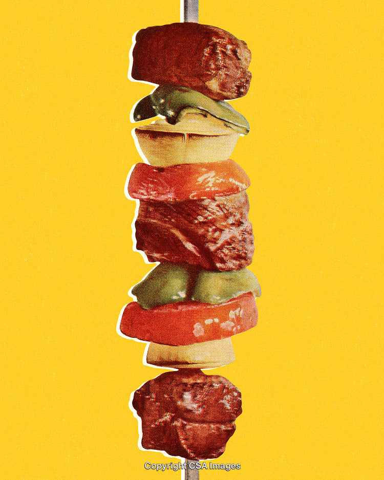 Colorful Skewer of Vegetables and Meat on Yellow Background