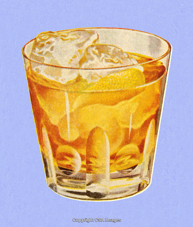 Retro Artwork of a Whiskey Glass with Ice on a Light Blue Background