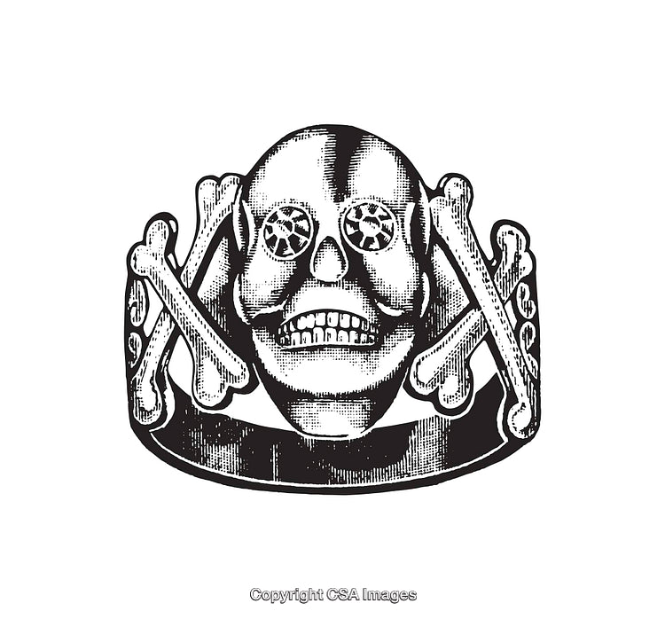 Black and White Illustration of a Skull Ring with Crossbones Motif