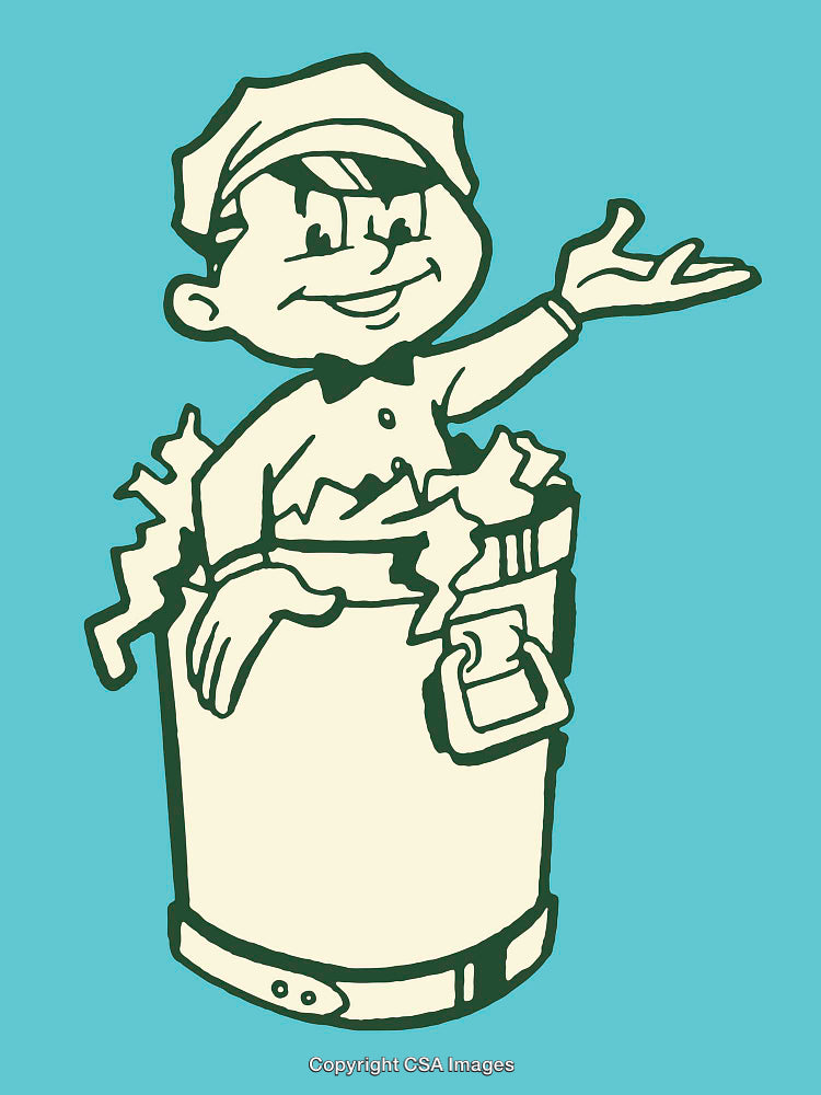 Vintage Illustration of a Cheerful Boy Peeking Out from a Trash Bin