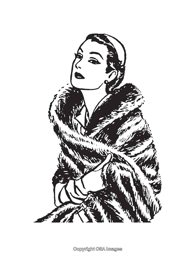 Elegant Black and White Illustration of a Stylish Woman in Fur Coat