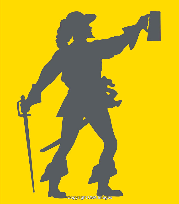 Silhouette of a Pirate with Sword and Treasure Map on Yellow Background