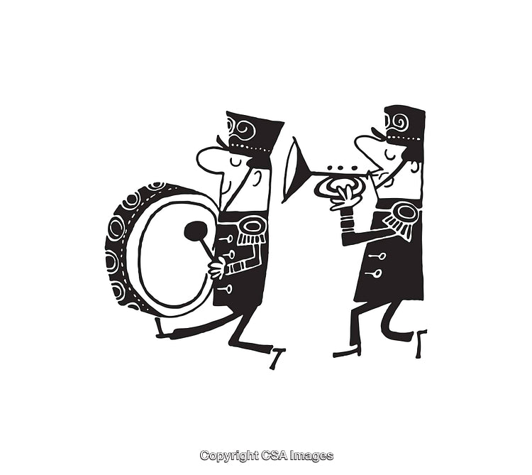 Black and White Line Art of Marching Band Musicians Playing Instruments