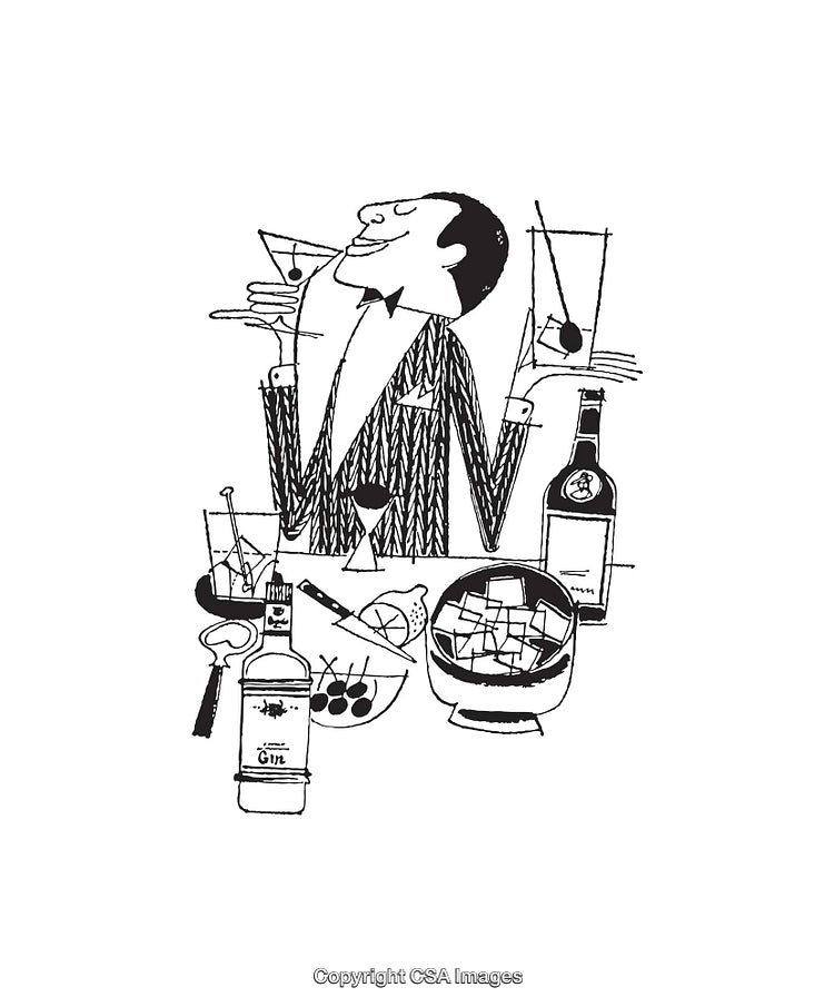 Black and White Line Art of Gentleman with Cocktails and Bar Tools
