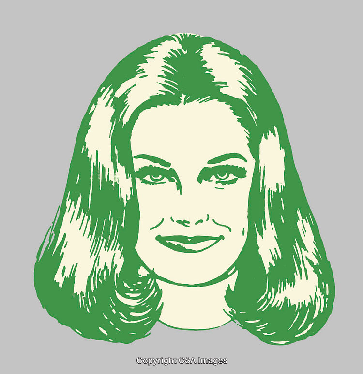Retro Vintage Style Green Hair Woman Illustration on Neutral Gray Background