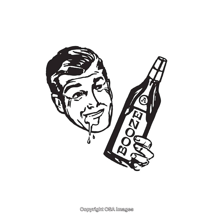 Vintage Black and White Illustration of a Man Holding a Booze Bottle