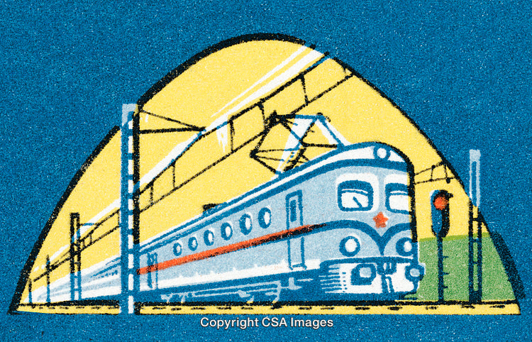 Vintage Illustration of a Train in a Tunnell With Overhead Wires