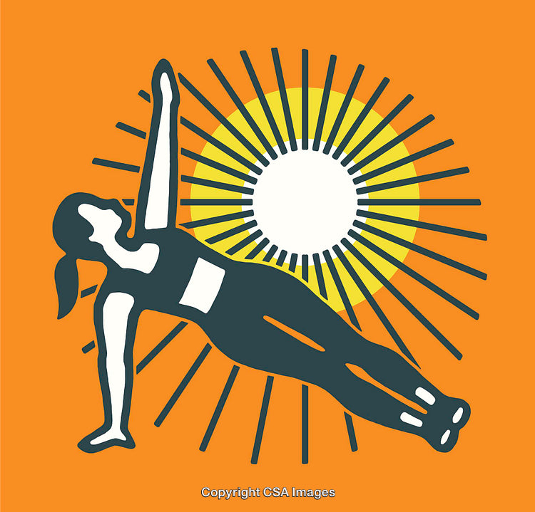 Woman Performing Side Plank Pose with Radiant Sun Design and Vibrant Colors