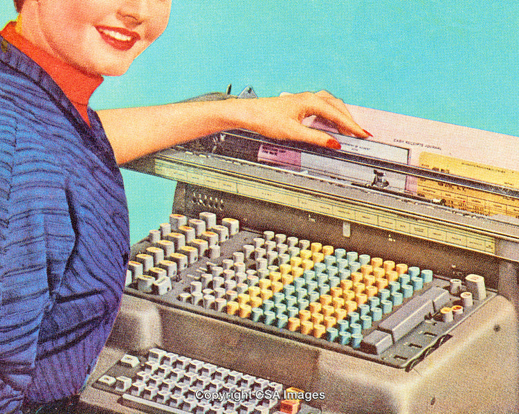 Retro Office Scene Featuring a Vintage Typing Machine and Stylish Attire