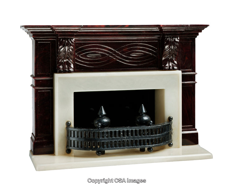 Elegant Miniature Fireplace with Ornate Details and Decorative Accessories