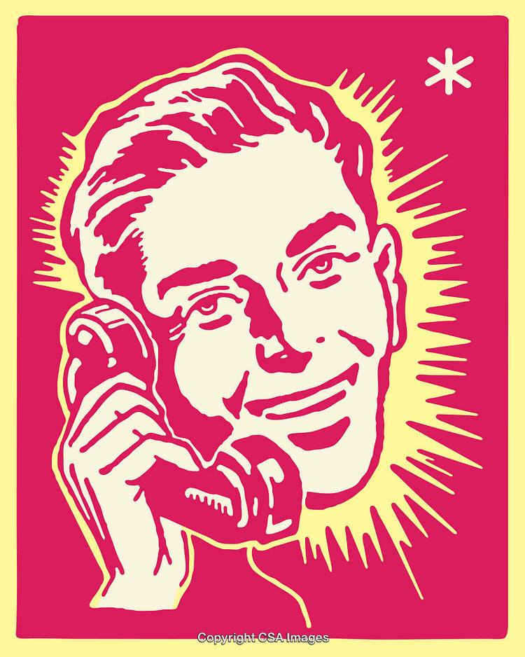 Retro Line Art Illustration of Smiling Man Talking on Telephone