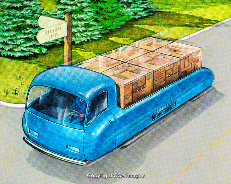 Futuristic Illustration of a Cargo Transport Vehicle on a Scenic Road