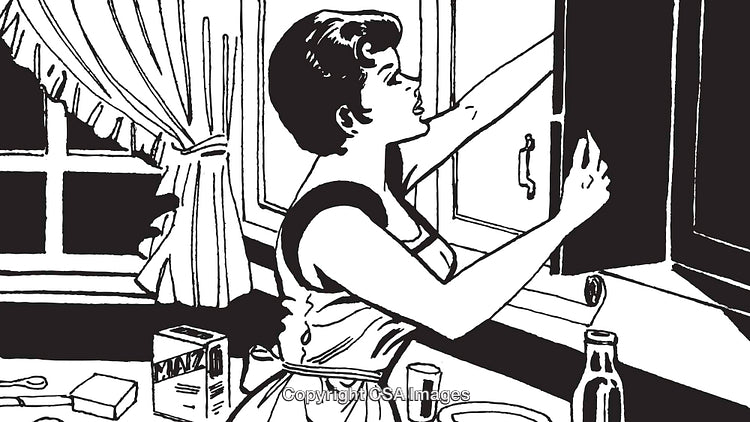 Retro Style Illustration of Woman Organizing Kitchen Storage Cabinets