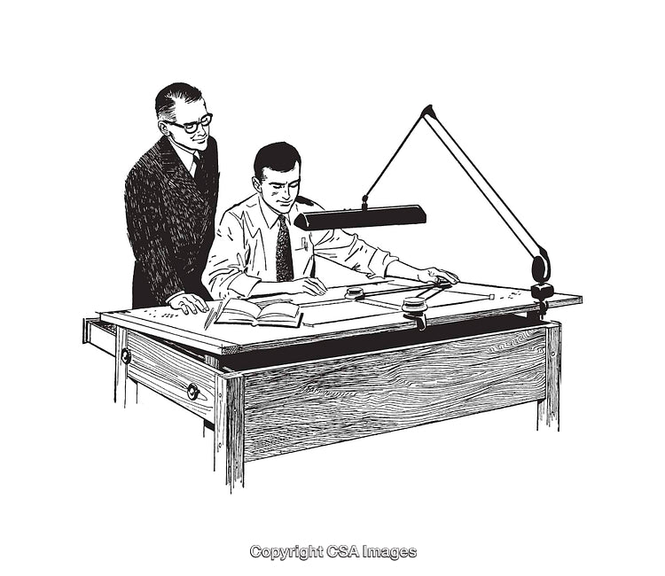 Vintage Illustration of Two Professionals at a Drafting Desk