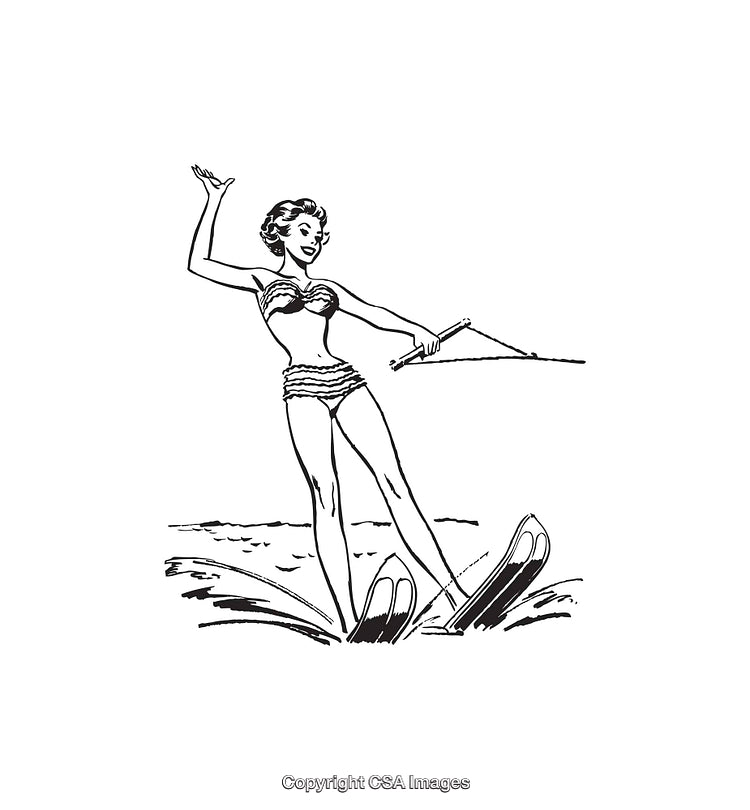 Retro Style Line Art of Woman Waterskiing in Black and White