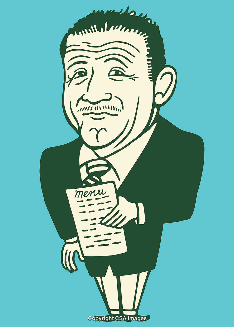 Vintage Cartoon Illustration of a Waiter Holding a Menu in Hand