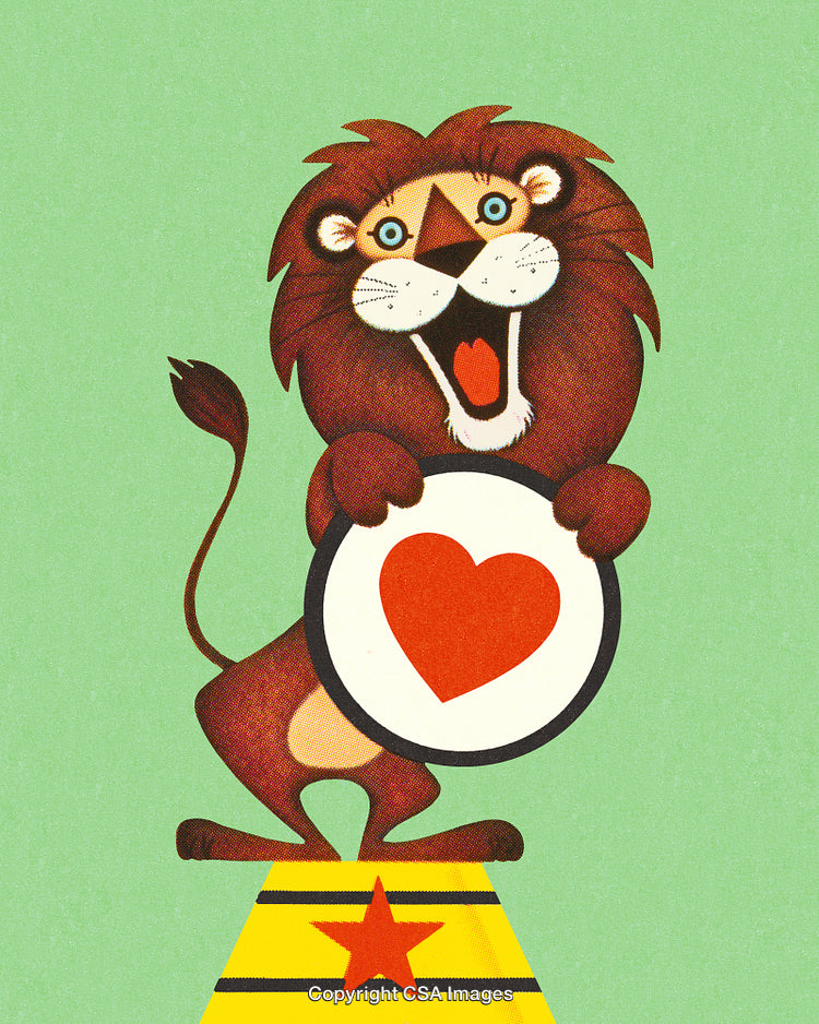 Illustrative Cute Lion Cartoon Holding a Red Heart on a Colorful Podium