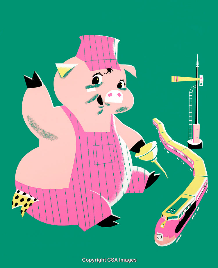 Whimsical Illustration of a Pig Engineer with Train and Railway Signal
