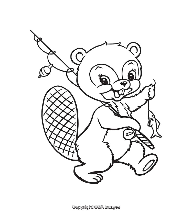 Black and White Line Art of a Beaver Fishing with a Catch