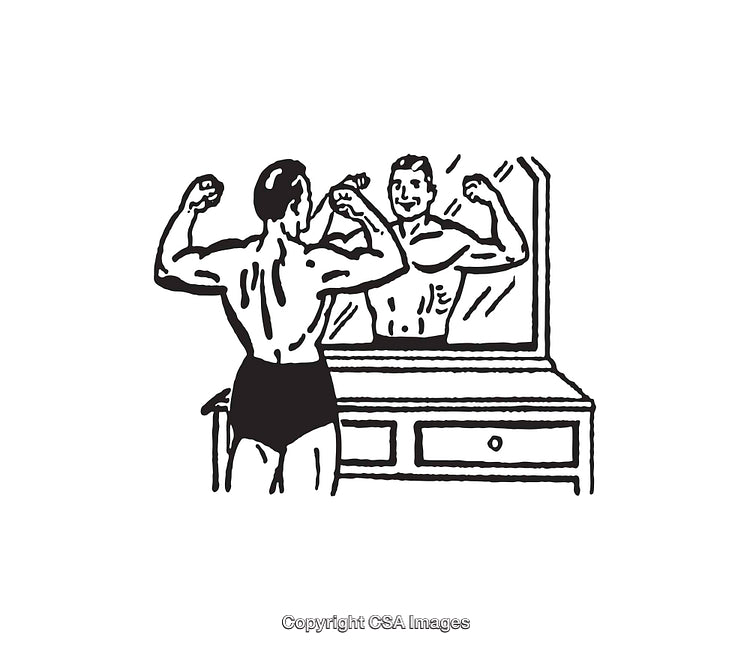 Muscular Man Admiring Reflection in Mirror in Black and White Line Art