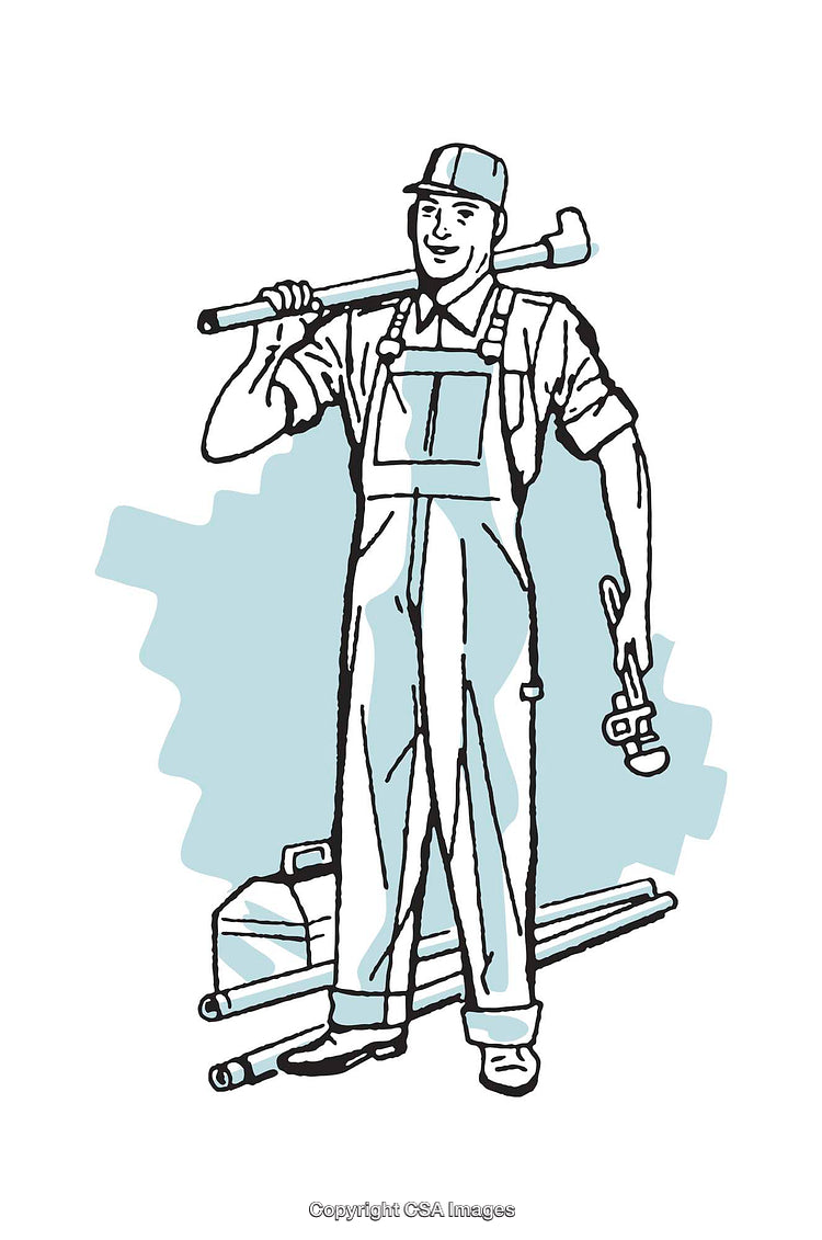 Illustration of a Worker Holding Tools and Equipment in Blue Tones