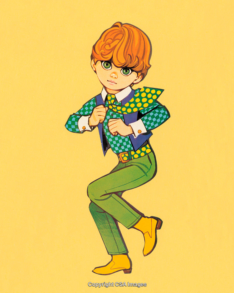 Stylish Cartoon Boy With Retro Clothing and Confident Pose on Yellow Background