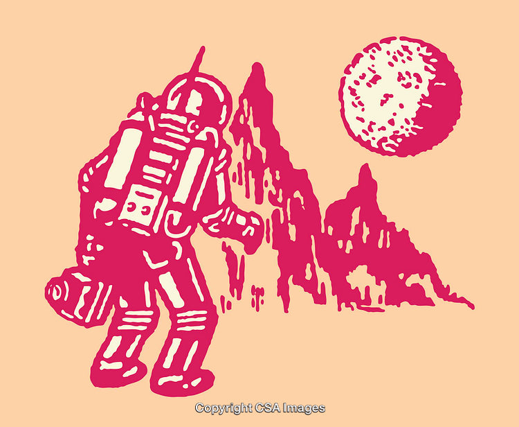 Astronaut Exploring Rocky Landscape Under Moon in Red Color Line Art Style