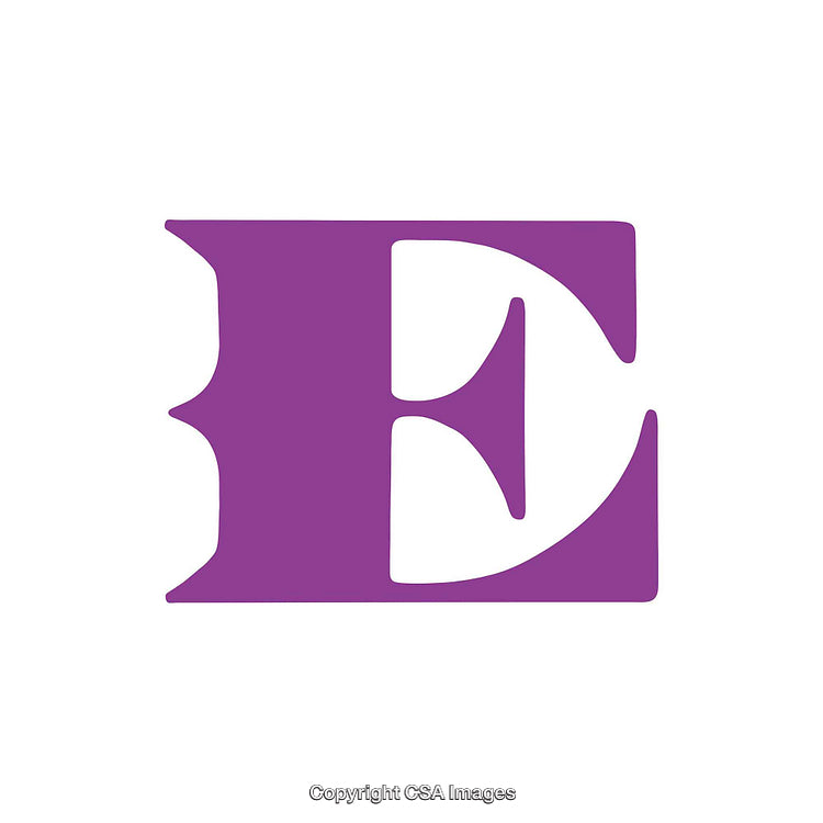 Purple Uppercase Letter E in Serif Font on White Background