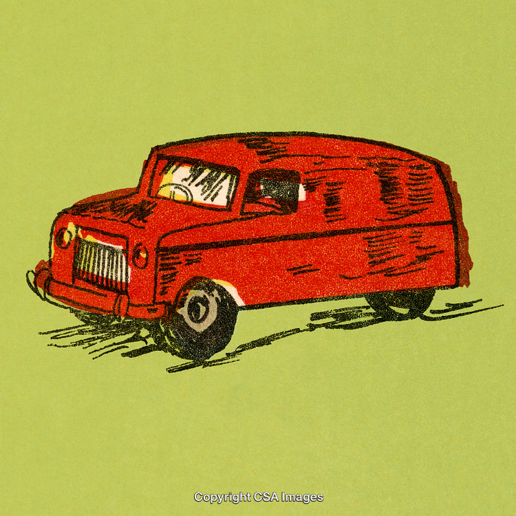 Red Vintage Van Illustration on Green Background