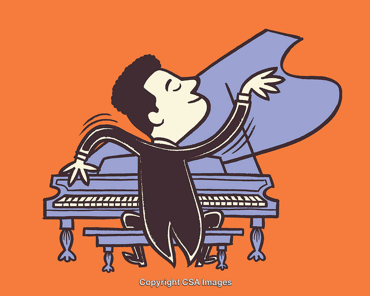 Elegant Cartoon Pianist in Motion Playing a Grand Piano