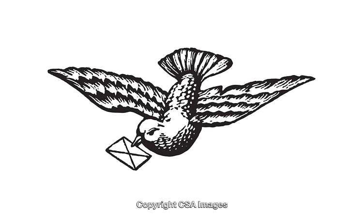 Vintage Black and White Line Art of a Bird Delivering a Letter