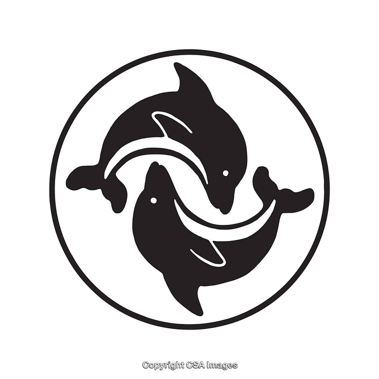 Black and White Line Art of Two Stylized Dolphins