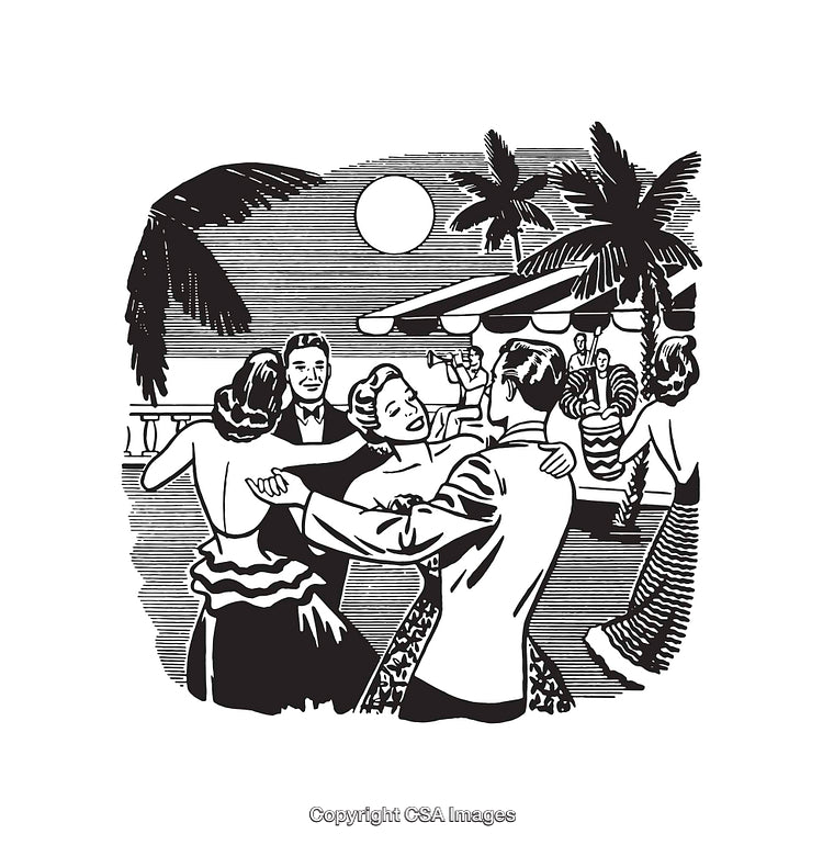 Elegant Black And White Illustration of People Dancing Under the Moonlight