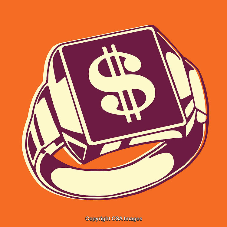 Dollar Sign-Themed Ring Illustration on Orange Background in Vector Style