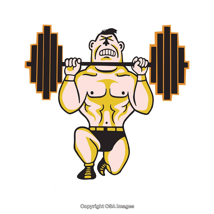Cartoon Illustration of a Weightlifter Performing a Weighted Squat Exercise