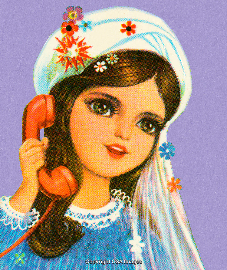 Illustration of a Young Woman Talking on a Red Phone with Flower Accents