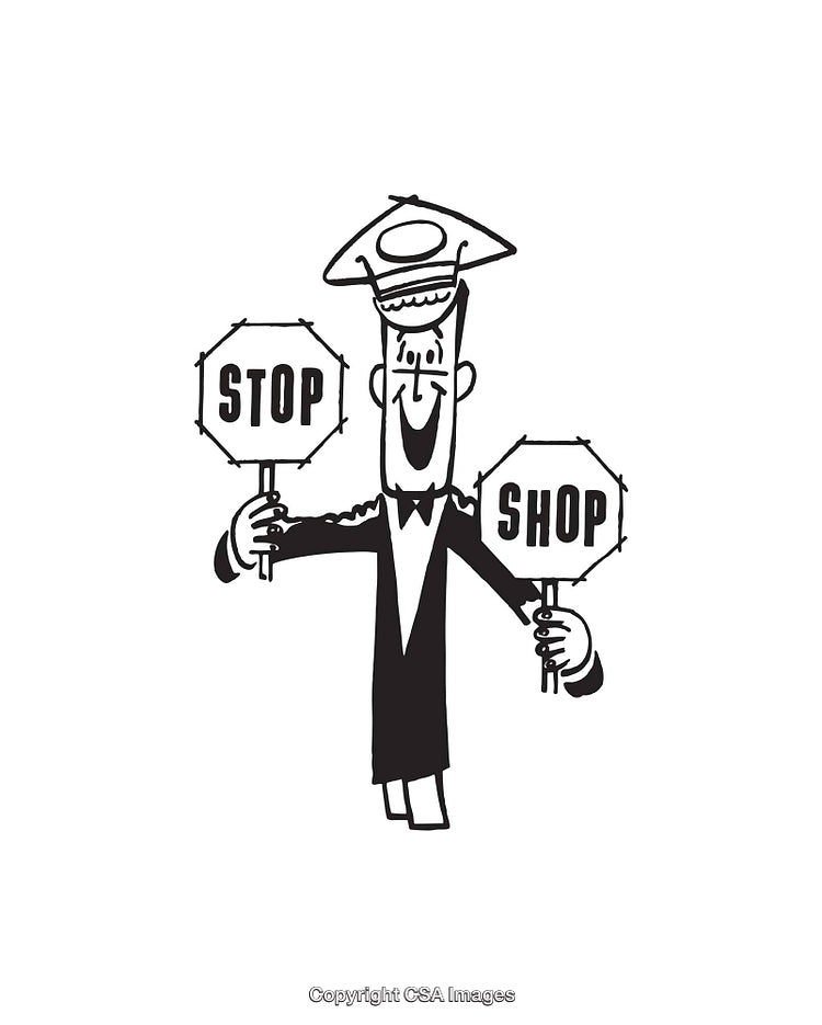 Vintage Line Art Illustration Featuring a Policeman Holding Stop and Shop Signs