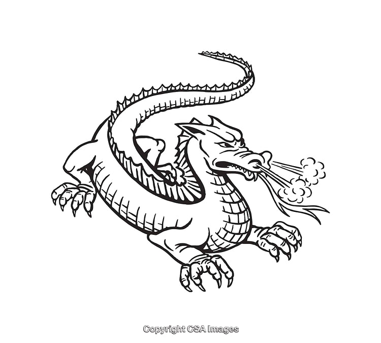 Black and White Line Art Illustration of a Fire-Breathing Dragon