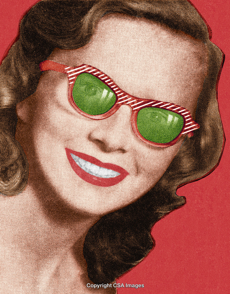 Retro Illustration of Woman in Green Sunglasses with a Vibrant Smile