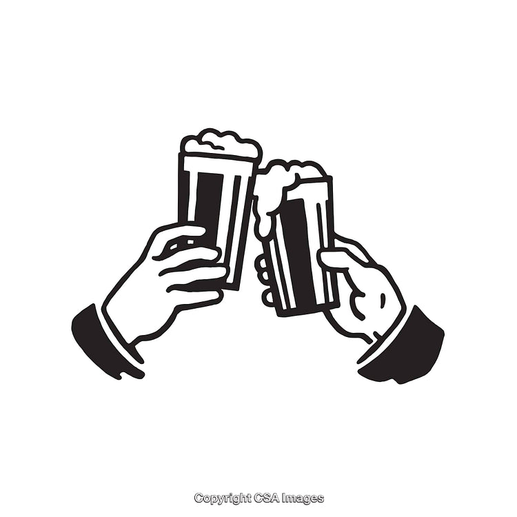 Illustration of Hands Clinking Beer Glasses in Black and White Line Art